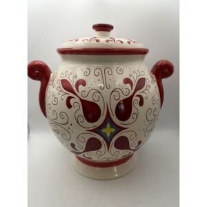 Vintage Nonni's Hand Painted Ceramic Lidded Ginger Jar Canister Tuscan 10"